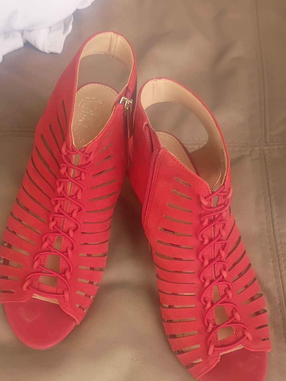 Vince Cumato Women’s Red Lace-Up Cutout Peep-Toe Heels